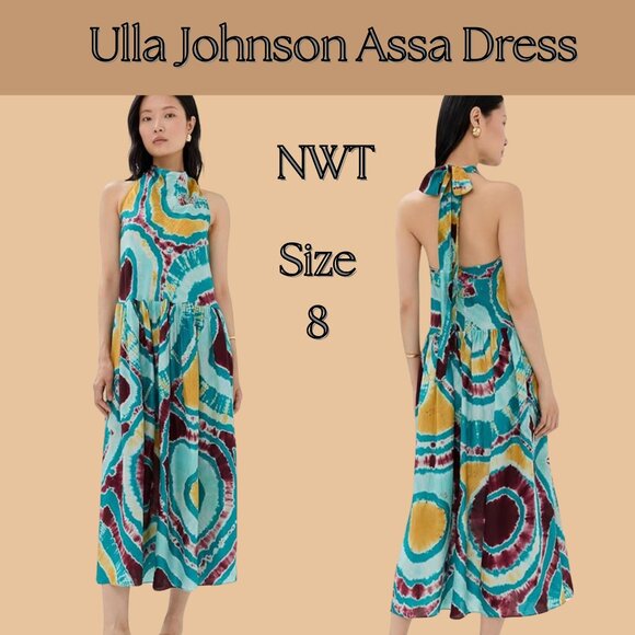 Ulla Johnson Assa Silk Midi Dress Ocean Jasper NWT Size 8 - Picture 1 of 7